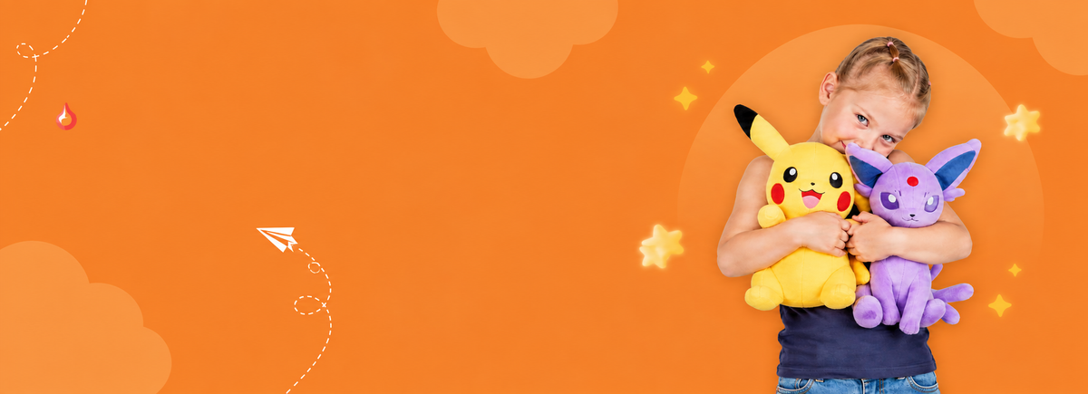 A young girl with blonde hair in a ponytail hugs two plush toys, a yellow Pikachu and a purple Eevee, against a bright orange graphic background with clouds and stars.